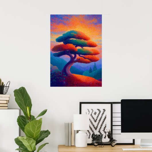 Zen Bonsai Tree Pointillism Landscape Art ポスター (ホームオフィス)