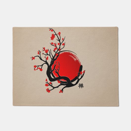 Zen Enso Circle, Sun and Red Sakura Blossom ドアマット (正面)