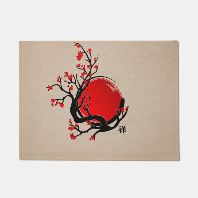 Zen Enso Circle, Sun and Red Sakura Blossom ドアマット (正面)