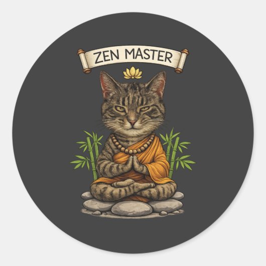 Zen Master Cat Funny Chill Gray Tabby Cat Gift  ラウンドシール (正面)