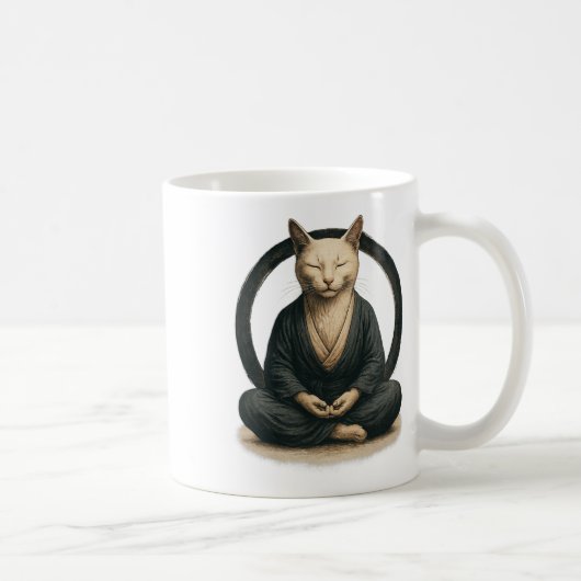 Zen Meditating Cat – Enso Circle Mindful Yoga Art  コーヒーマグカップ (右)