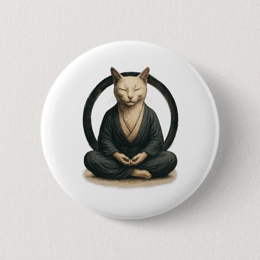 Zen Meditating Cat – Enso Circle Mindful Yoga Art  缶バッジ (正面)