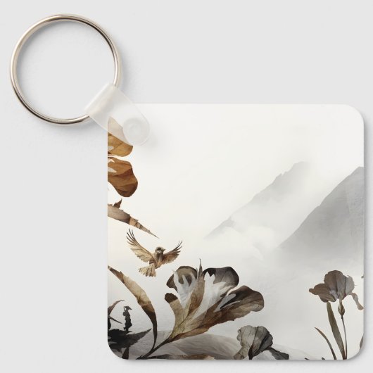 Zen Misty Mountain Birds Minimalist Nature キーホルダー (正面)