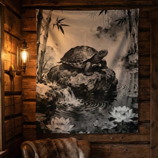 Zen Turtle Tapestry | Lotus Pond Ink Art  タペストリー