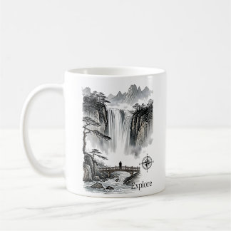 Zen Waterfall Mountain Ink Art Explore Compass コーヒーマグカップ