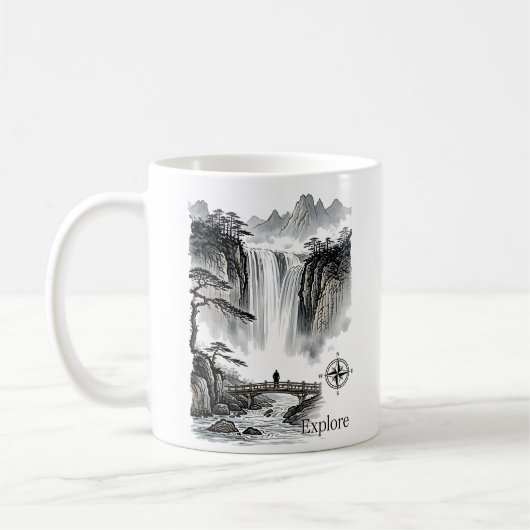 Zen Waterfall Mountain Ink Art Explore Compass コーヒーマグカップ (左)