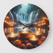 Zen Waterfall Night Landscape ラージ壁時計 (正面)