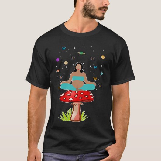 Zen Yoga Meditation Pregnant Women Mushroom Buddha Tシャツ (正面)