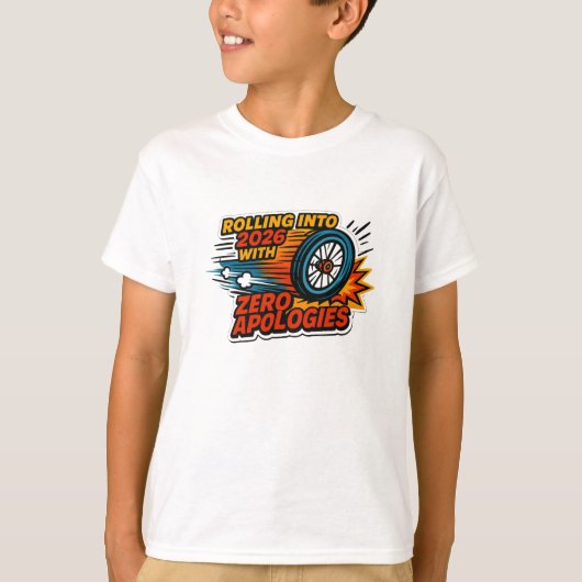 “Zero Apologies” 2026年へと続く車椅子の輪 Tシャツ (正面)