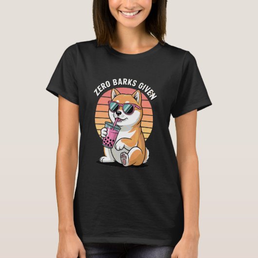 Zero Barks Given Boba-Loving Shiba Inu Dog Tシャツ (正面)