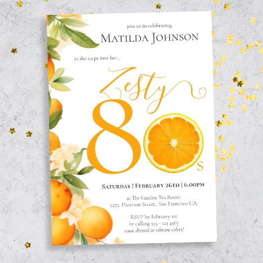 Zesty Orangeおもしろい80th Birthday Party Invitation 招待状