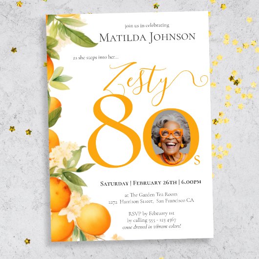 Zesty Orange Photo 80th Birthday Partyへの招待 招待状
