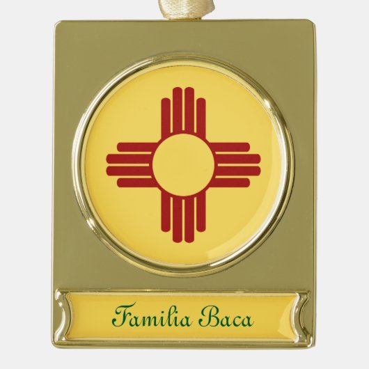 Zia記号付きニューメキシコ国旗 ゴールドプレートバナーオーナメント (正面)