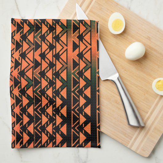 ZigZag三角形と幾何学的なオレンジ色からセピア色 キッチンタオル (四つ折り)