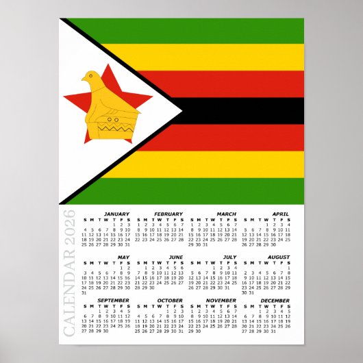 Zimbabwe 2026 Calendar, Large, Zimbabwe Flag ポスター (正面)
