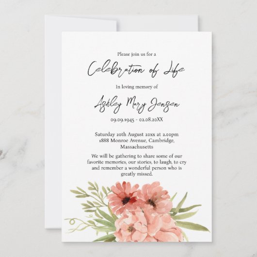 Zinnia Celebration of Life Photo Funeral  招待状 (裏面)