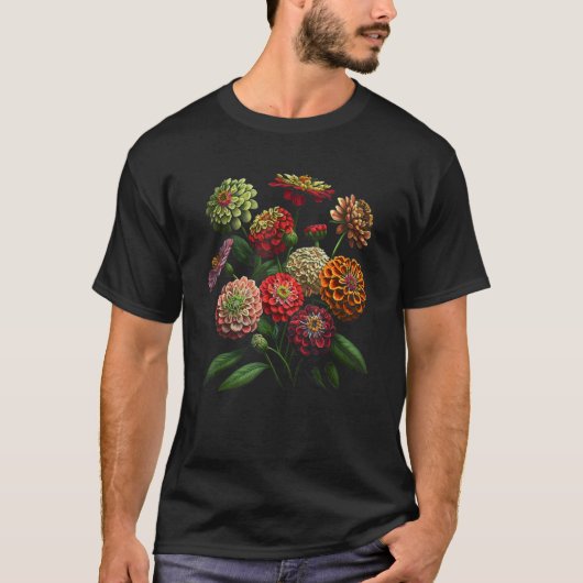 Zinnia Flowers Floral Bouquet Design Tシャツ (正面)