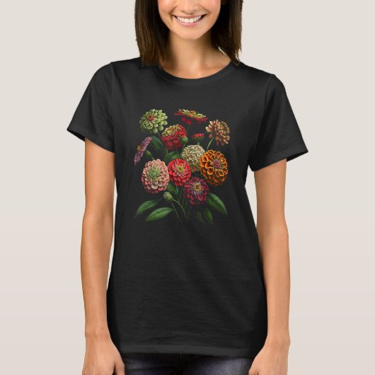 Zinnia Flowers Floral Bouquet Design Tシャツ (正面)