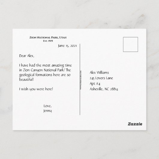 Zion国立公園はがき ポストカード (裏面)