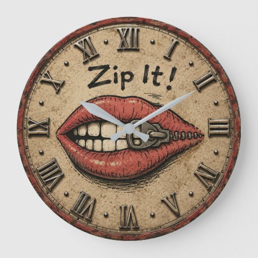 Zip It! Funny Vintage Zipper Lips ラージ壁時計 (正面)