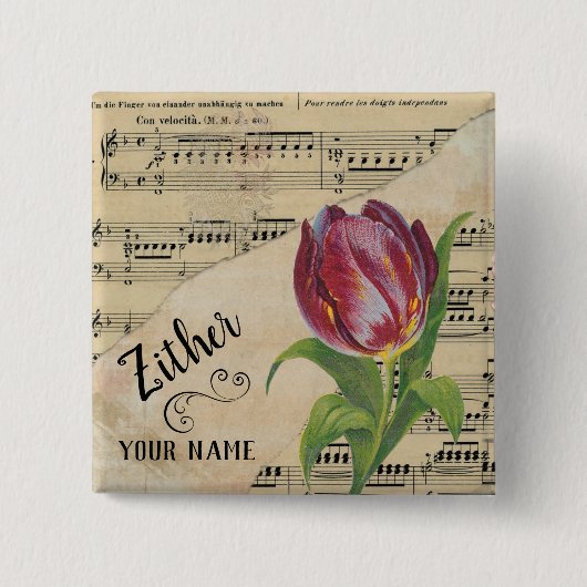 Zither Tulipヴィンテージシートミュージックカスタマイズ 缶バッジ (正面)