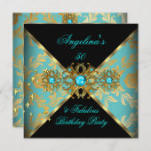 ZIZZAGOデザインファブラス50ティール(緑がかった色)金ゴールドダマスクパーティー 招待状 (正面/裏面)
