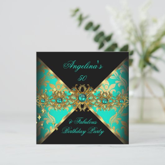 ZIZZAGOデザインファブラス50玉金ゴールドダマスクパーティー 招待状 (スタンド正面)