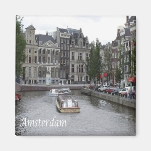 zNL025 AMSTERDAM、ボート付き運河、冷蔵庫 マグネット (正面)