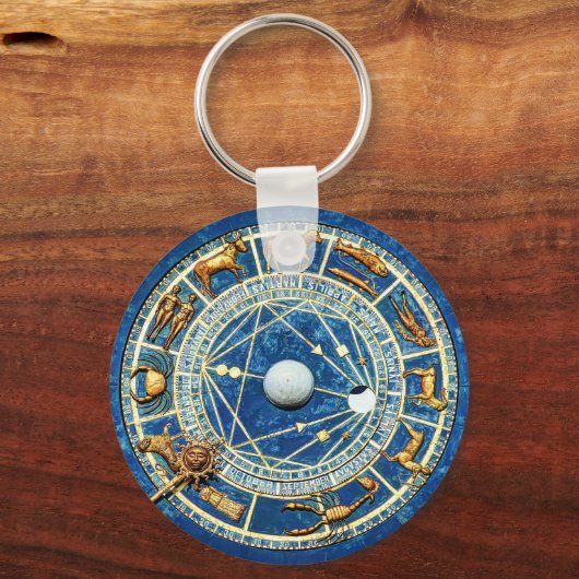 Zodiac Wheel Astrology Celestial Blue Antique Gold キーホルダー (正面)