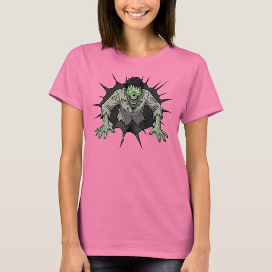 Zombie Breaking Through Wall Horror gift Tシャツ (正面)