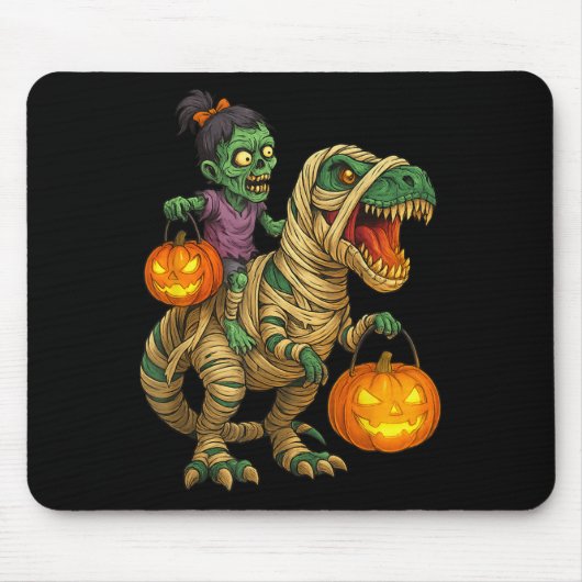 Zombie Girl Riding Mummy T Rex Halloween Kids Tric マウスパッド (正面)