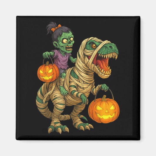 Zombie Girl Riding Mummy T Rex Halloween Kids Tric マグネット (正面)