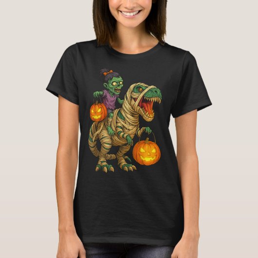Zombie Girl Riding Mummy T Rex Halloween Kids Tric Tシャツ (正面)
