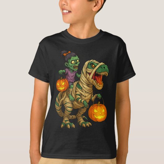 Zombie Girl Riding Mummy T Rex Halloween Kids Tric Tシャツ (正面)