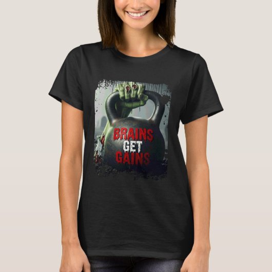 Zombie Hand Holding a Kettle Bell - Brains Get Gai Tシャツ (正面)