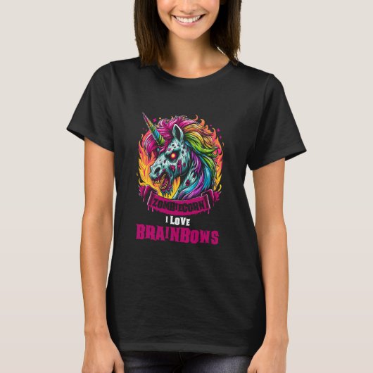 Zombie Unicorn Brains Gothic Funny I Love Brainbow Tシャツ (正面)