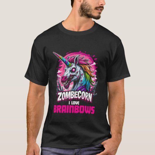 Zombie Unicorn Brains Gothic Funny I Love Brainbow Tシャツ (正面)