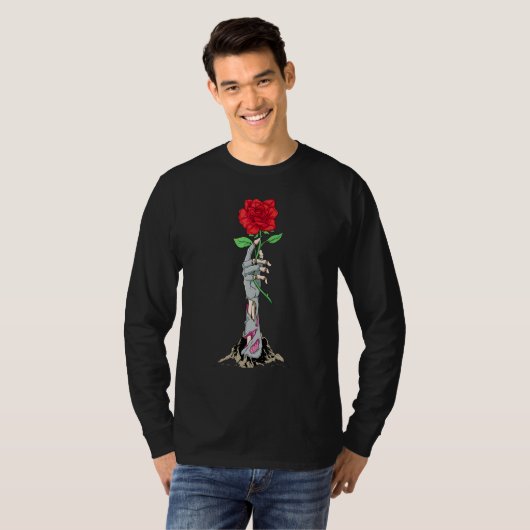 Zombiecore Aesthetic Skeleton Hand Red Rose Zombie Tシャツ (正面フル)