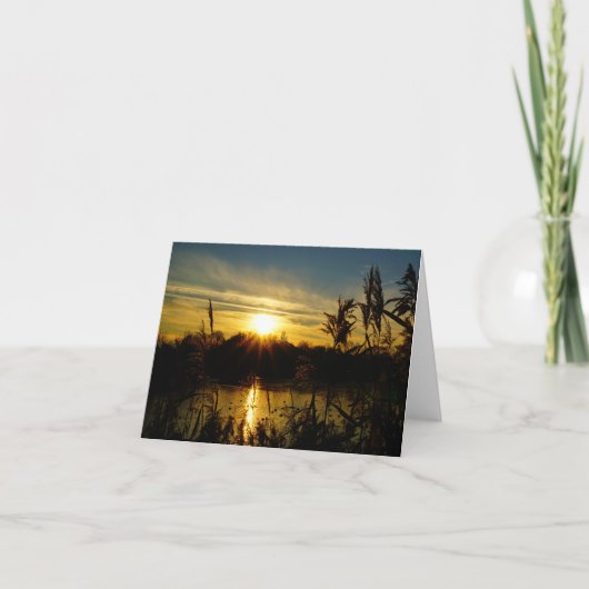 Zonsondergang bij een meertje met rietpluimen. サンキューカード (正面)
