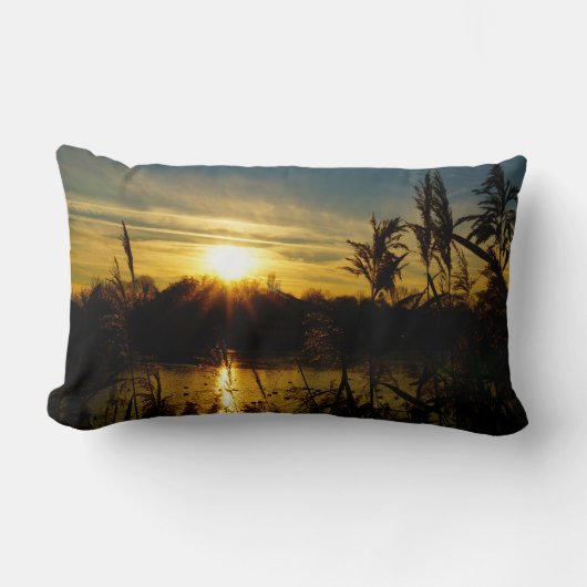 Zonsondergang bij een meertje met rietpluimen. ランバークッション (正面)