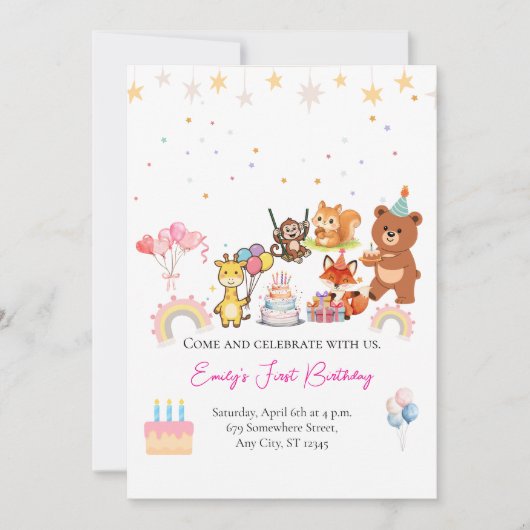 Zoo animals cute first birthday invitation 招待状 (正面)