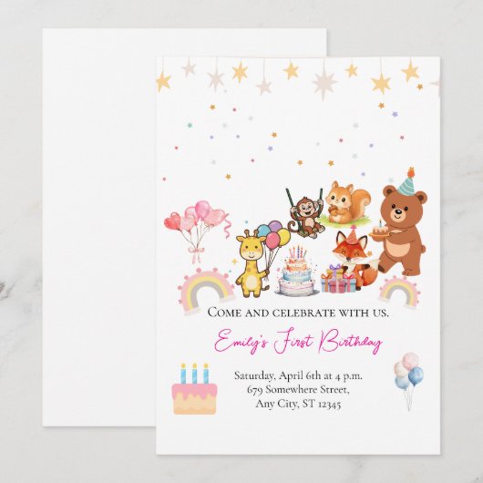 Zoo animals cute first birthday invitation 招待状 (正面/裏面)
