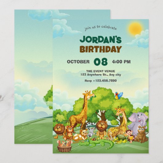 Zoo cartoon cute animals  招待状 (正面/裏面)