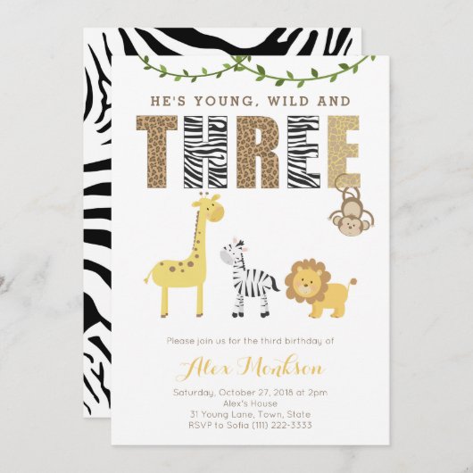 Zoo Safari Animals 3rd Birthdayパーティーfor Boy 招待状 (正面/裏面)