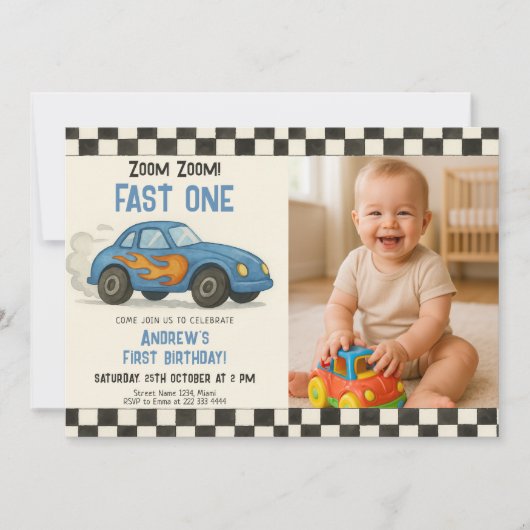 Zoom Zoom Fast One Birthday 招待状 (正面)