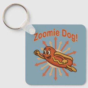Zoomie犬飛んでいるホットドッグ漫画 – おもしろいレトロ キーホルダー