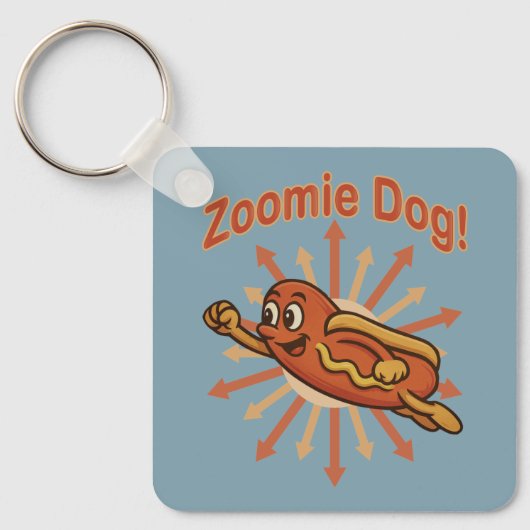 Zoomie犬飛んでいるホットドッグ漫画 – おもしろいレトロ キーホルダー (正面)