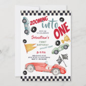Zooming into one speed racing car first birthday 招待状 (正面)