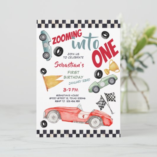 Zooming into one speed racing car first birthday 招待状 (スタンド正面)