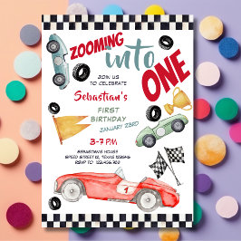 Zooming into one speed racing car first birthday 招待状